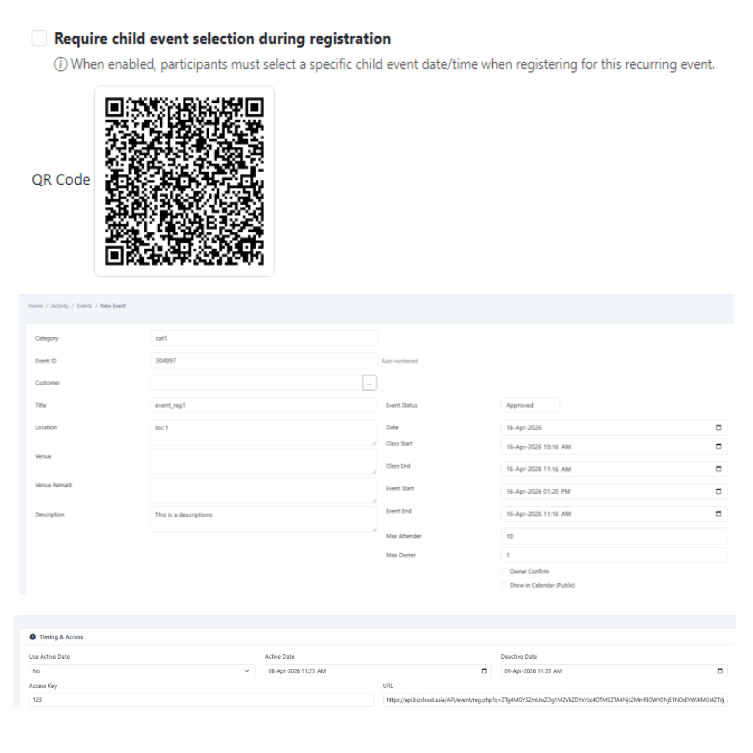 Event setup system screenshot