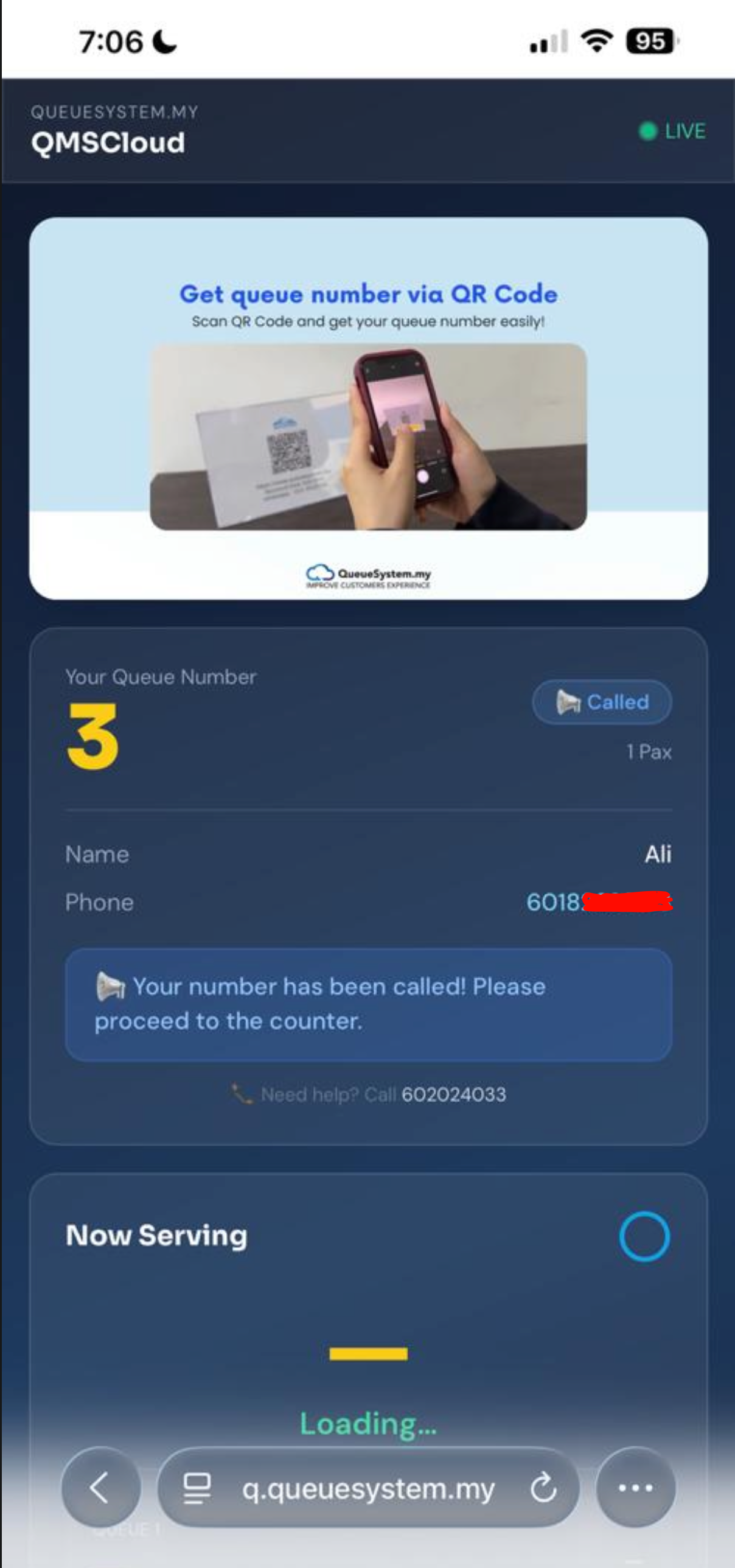 Queue number called — status shows Called, proceed to counter