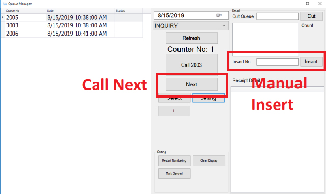 Queue Manager with the Call Next button and the manual Insert field highlighted