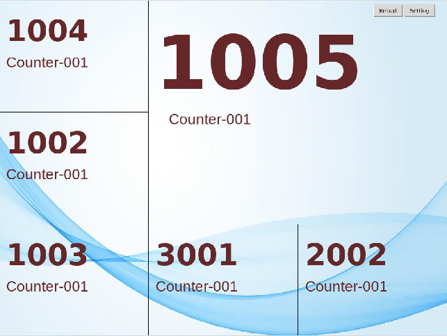 Finished queue display showing the current number large in the centre with five recent numbers around it