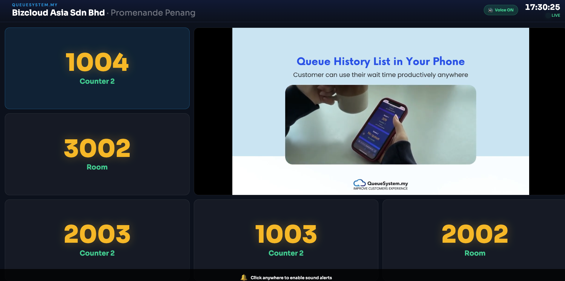 WhatsApp queue system TV display in the 5 Queues + Video layout, showing queue numbers with their counter names beside a video panel
