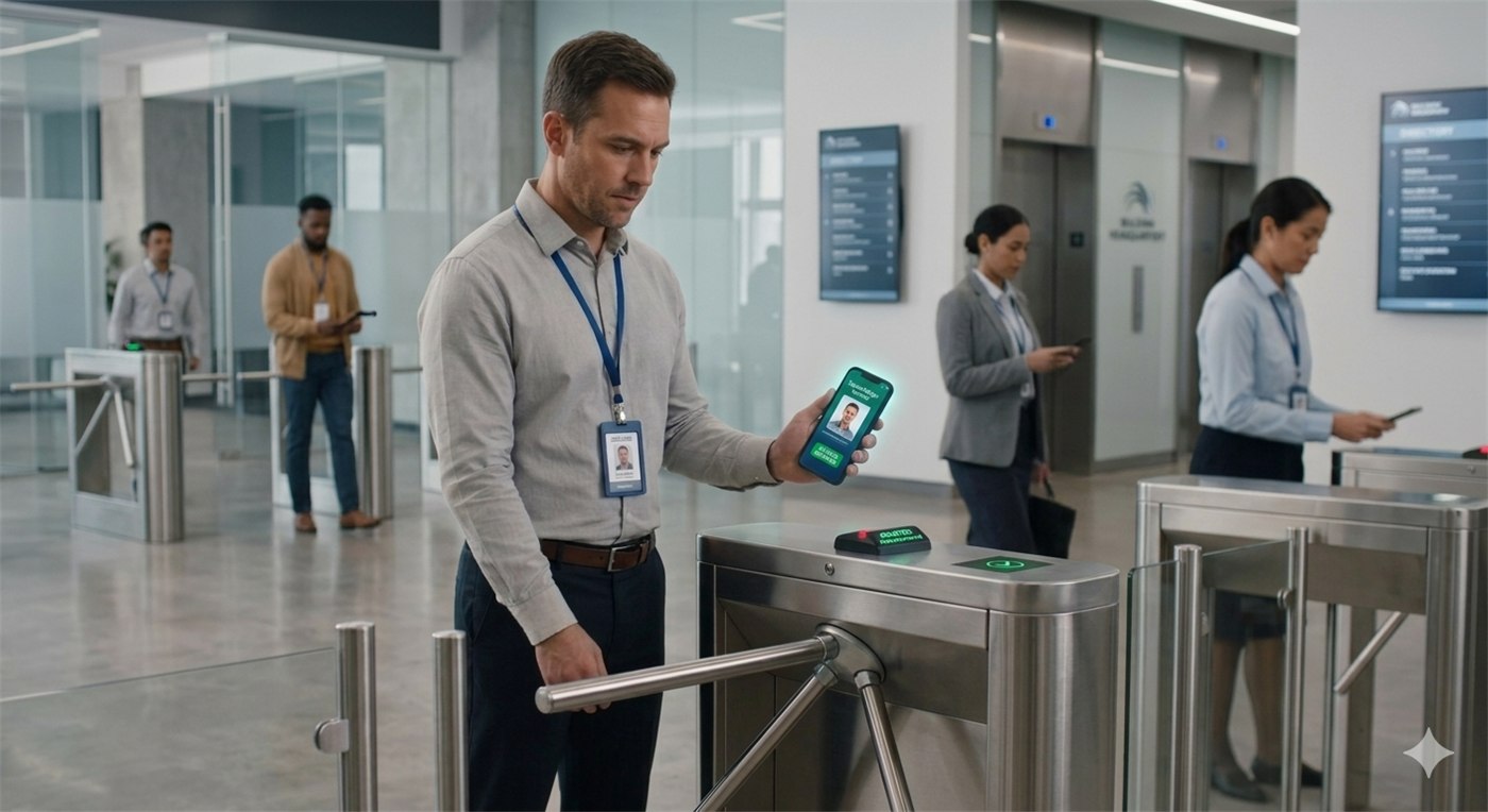Employee scanning their badge at the tri-bar turnstile to record attendance