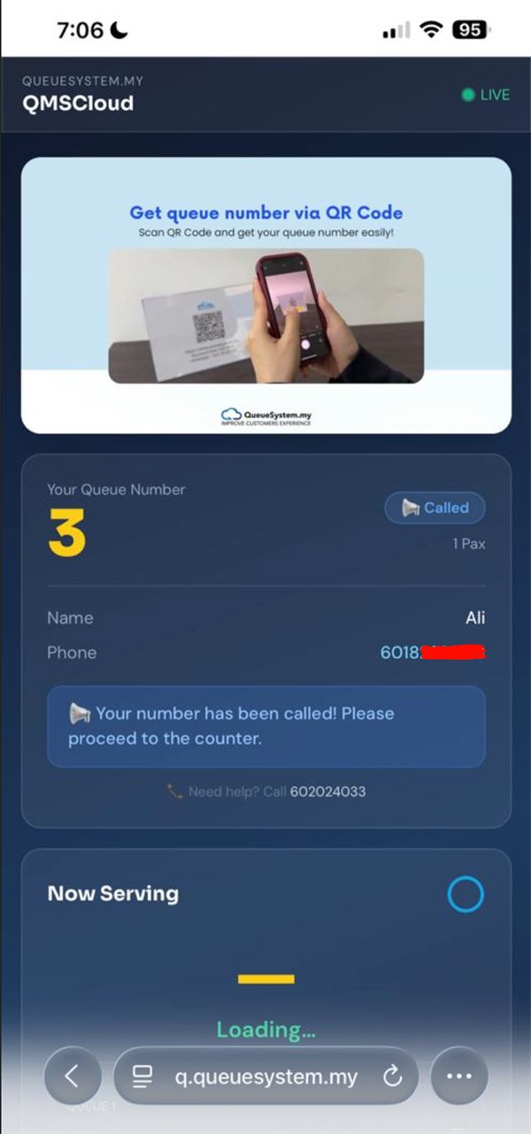 Queue status changed to Called, telling the customer to proceed to the counter