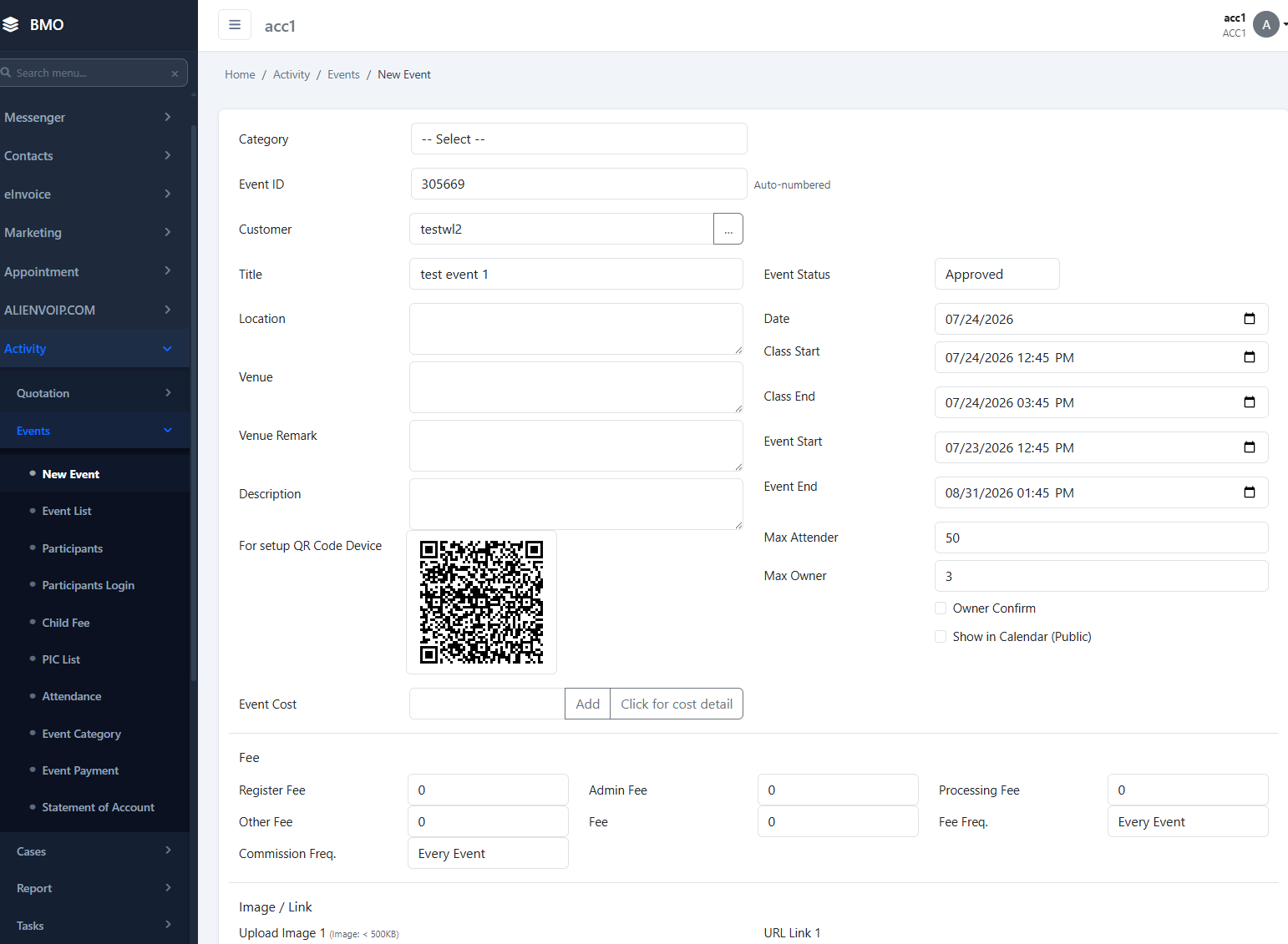 Device setup QR code generated for an event in the web app