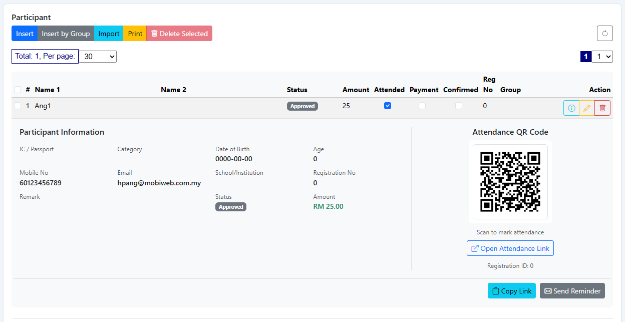 Participant record showing details, status, amount and the attendance QR code with copy link and send reminder buttons