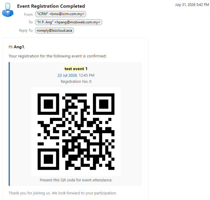 Event registration confirmation email containing the guest QR code for door scanning