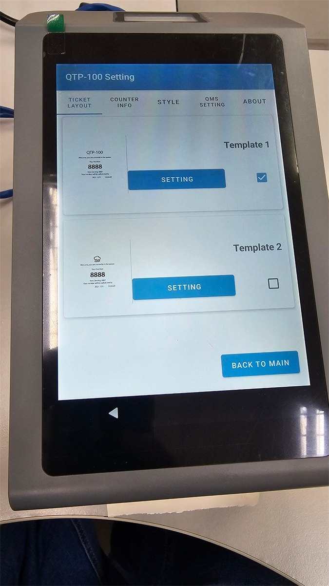 QTP-150 settings screen showing server connection and printing options