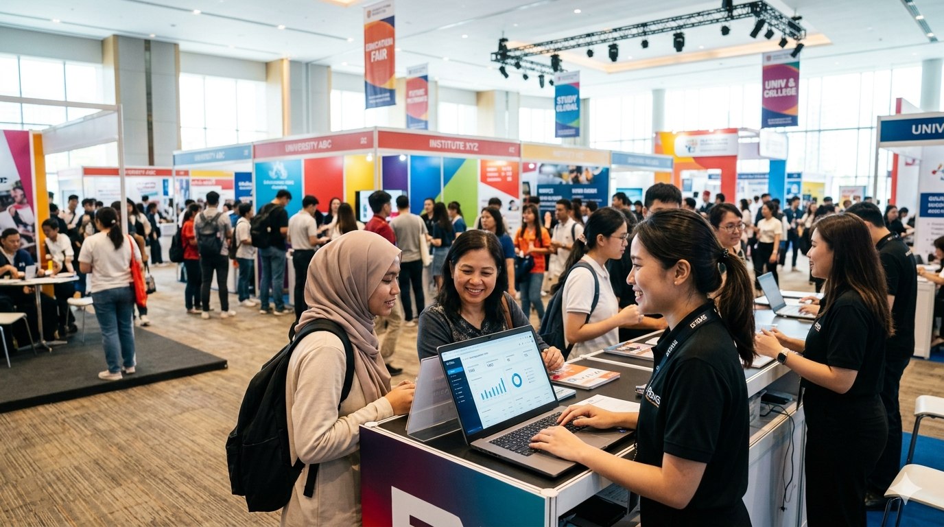 Queue system rented for a busy education fair, with visitors being served at a staffed counter