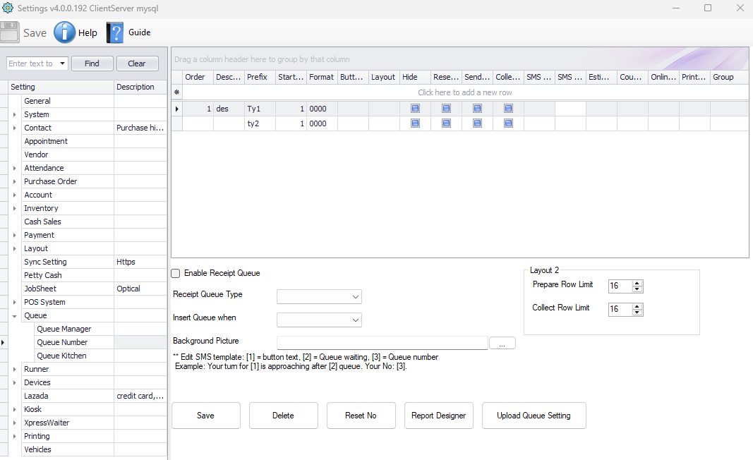 Queue number settings grid with one row per service showing description, prefix, start number, format and button text