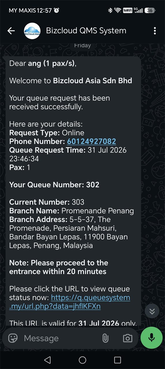 WhatsApp message showing the assigned queue number with a link to view the live list